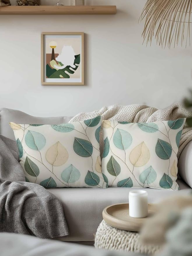 Outdoor Waterproof Throw Pillows Farmhouse Teal Green Leaf Patio Pillows Pack of 2,Decorative Pillow Covers with Insert,Pillow Cushion Case for Garden Couch Sofa Vintage Watercolor Leaves