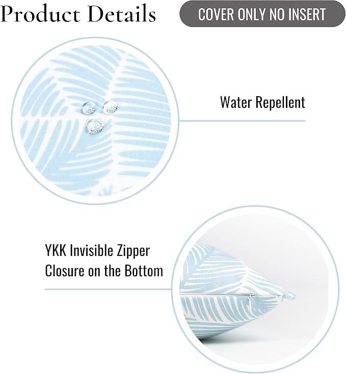 Hofdeco Premium Coastal Hampton Style Patio Indoor Outdoor Pillow Cover Only, 20"x20" Water Resistant for Backyard, Couch, Baby Blue Palm Leaf