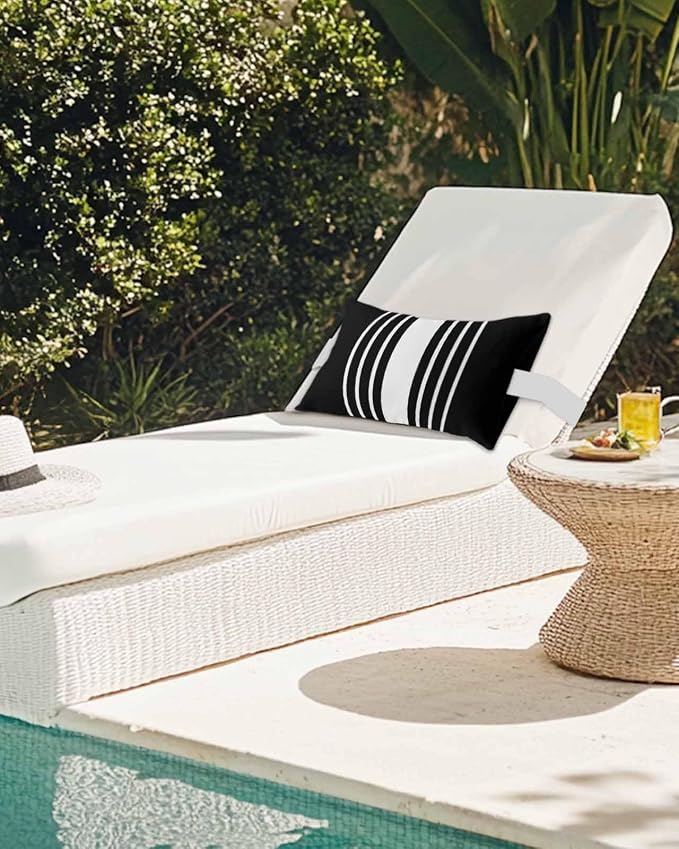 Pack of 2 Outdoor Lumbar Pillow Covers 12x20 Inch, Black White Stripe Waterproof Throw Pillow Covers Set, Modern Rustic Vertical Striped Indoor&Outdoor Decorative Cushion Cases for Patio Porch Beach