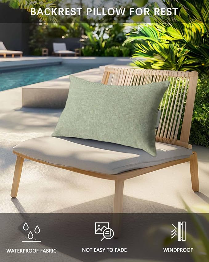 Pack of 4 Outdoor Lumbar Pillow Covers 11x16 Inch, Sage Green Burlap Texture Waterproof Throw Pillow Covers Set, Farmhouse Vintage Sage Green Indoor&Outdoor Cushion Cases for Patio Porch Beach