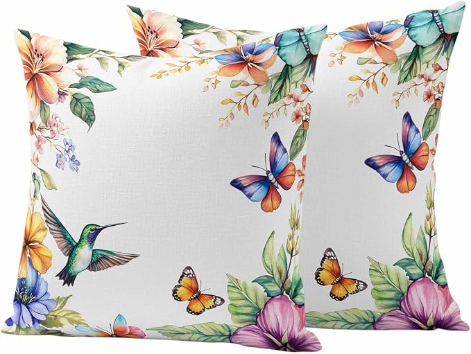 Spring Flowers Bird Outdoor Waterproof Throw Pillow Covers Set of 2, 20"x20", Hummingbird Butterfly Rustic Decorative Pillow Covers Outside Cushion Case for Patio Porch Garden