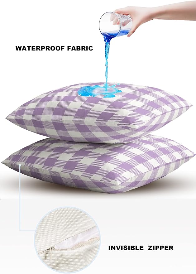 Outdoor Waterproof Throw Pillow Covers Set of 2 Purple Buffalo Check Plaid Pillowcases 24x24 Inches Farmhouse Style Patio Decorative Pillows Cushion Case Patio Pillows for Couch Bed Chair Garden