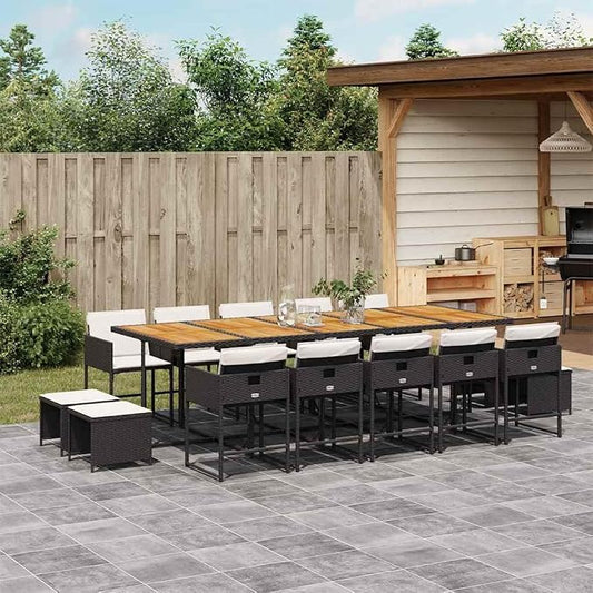 15-Piece Garden Dining Set, Outdoor Patio Furniture with Acacia Wood Table and Synthetic Rattan Seating, Foldable and Stackable Design for Backyard BBQ