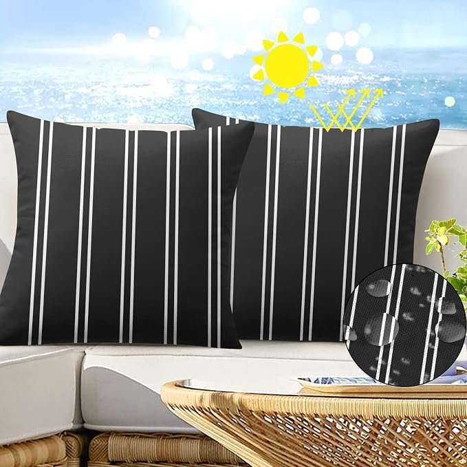 Outdoor Throw Pillow Covers, Stripes, Set of 2, 18 x 18 Inch | Black and White Pillowcase Square Cushion Case Farmhouse Garden Decorative Pillows for Couch Beach Patio