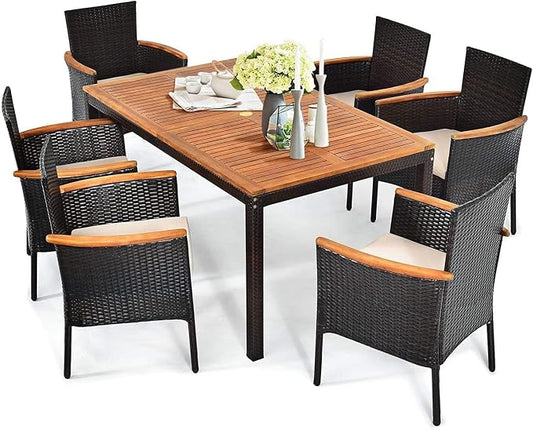 HAPPYGRILL 7-Piece Rattan Patio Dining Set Outdoor Wicker Dining Set with Umbrella Hole, Removable Cushions, Table & Chairs Set with Acacia Wood Table Top