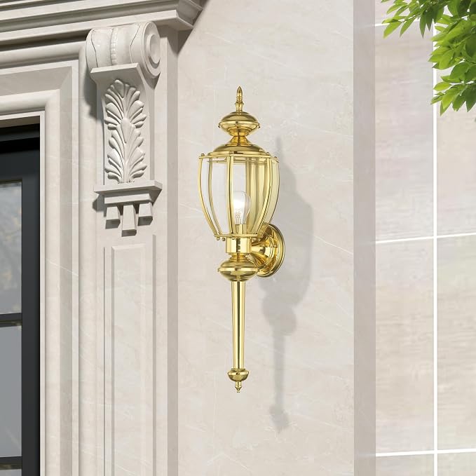 Livex Lighting 2112-02 Outdoor Wall Lantern, Polished Brass | Clear Beveled Glass Shades