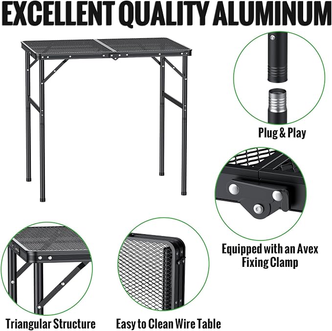 GARLLEN Folding Grill Table, 2-Height Adjustable Folding Camping Table with Heat-Resistant Wider Tabletop, Portable Aluminum Outdoor Tables for BBQ, Camping, Picnic, 35" L x 21.65" W, Black