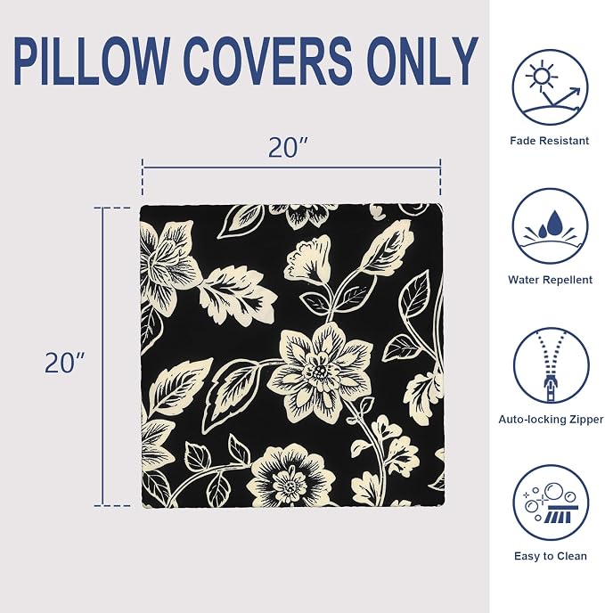 20x20 Inch Pack of 2 Patio Throw Pillow Covers ONLY, Water Repellent Cushion Cases, Square Pillowcases for Outdoor Couch Decoration, Elegant Vines Black