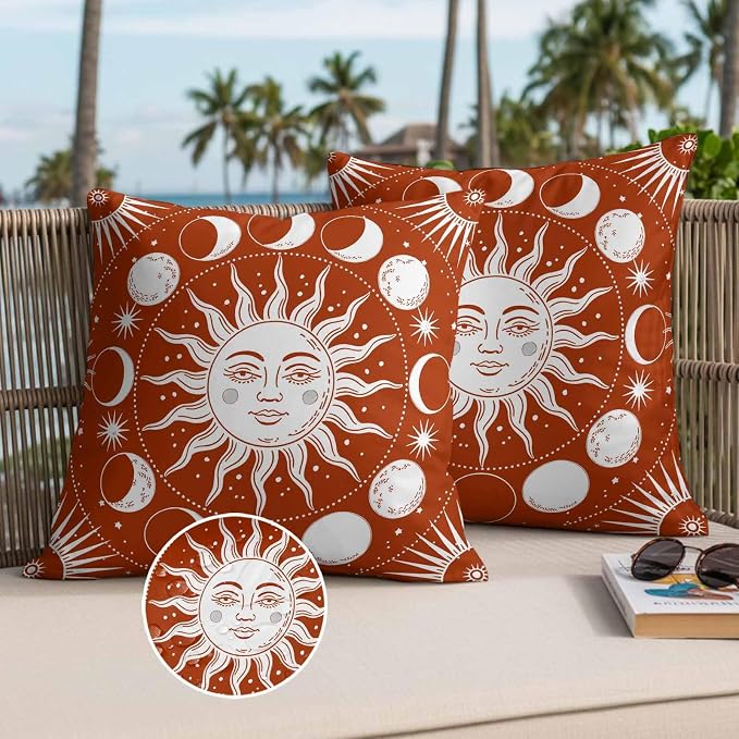 Celestial Sun and Moon Waterproof Outdoor Pillow Covers Set of 2 Home Decor, Burnt Orange Starry Galaxy Boho Lumbar Pillowcase Patio Pillow Covers for Couch Bench Patio Furniture Garden 20x20in