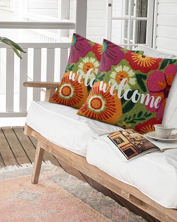 Outdoor Waterproof Throw Pillows 18x18in, Farmhouse Rustic Orange Red Floral Patio Pillows Pack of 2, Decorative Pillow Covers with Insert, Pillow Cushion Case for Garden Abstract Green Leaves