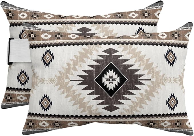 Outdoor Pillows Waterproof Covers Set of 2, Brown Bohemian Adjustable Elastic Chaise Lounge Headrest Pillow Covers, Aztec Boho Tribal Decorative Lumbar Pillow for Pool Patio Furniture 11x16 Inch