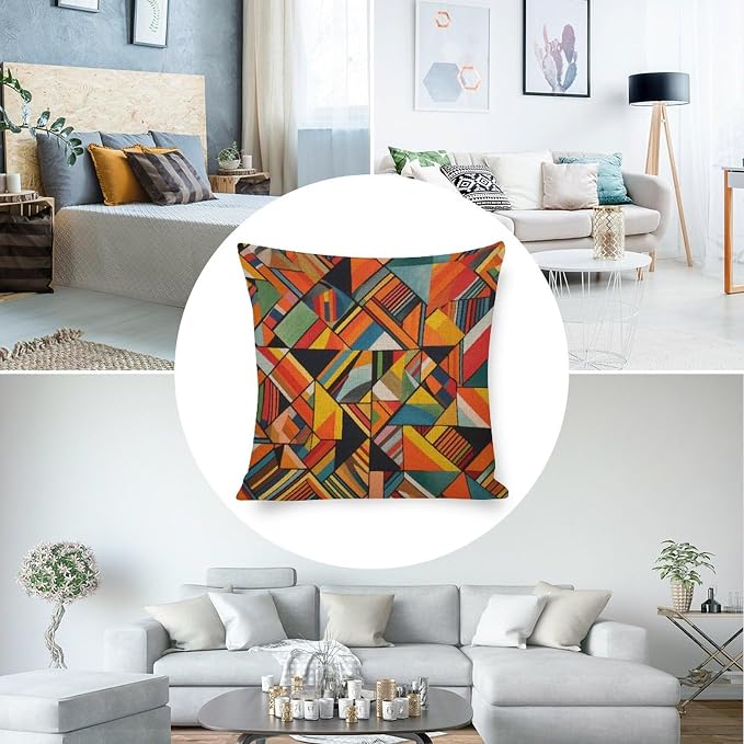 Pillow Covers Colorful Fun Aesthetic Mid Century Modern Gomestry Linen Pillow Cover Vintage Abstract Throw Pillowcase 18"x18" Home Sofa Decor Pillowcase Outdoor Pillows for Patio Furniture