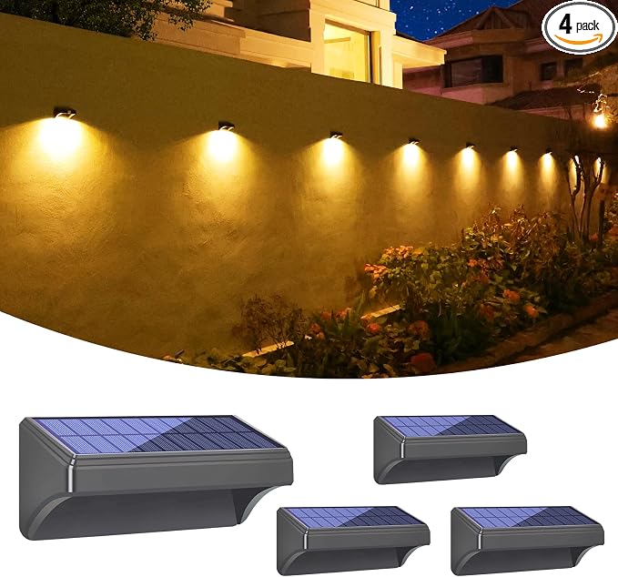 Bridika Solar Fence Lights, Fence Lights Fence Solar Lights Outdoor Waterproof Warm White & Daylight White LED Solar Lights for Backyard, Deck Railing, Stair Handrail and Wall (4 Packs, Plus Size)