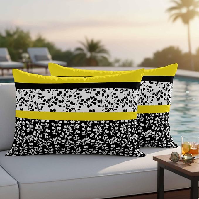 Black Yellow Outdoor Pillow Covers 20x12 Inch Lumbar Pillow Covers Set of 2 Waterproof Decorative Throw Pillow Cases Floral Stripe Aesthetic Flower Boho Cushion Covers for Patio Furniture