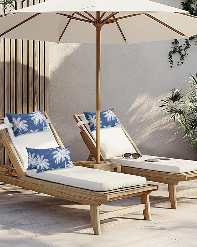 Pack of 2 Outdoor Lumbar Pillow Covers 11x16 Inch, Navy Blue Palm Trees Waterproof Throw Pillow Covers Set, Farmhouse Tropical Summer Beach Indoor&Outdoor Decorative Cushion Cases for Patio Porch Car