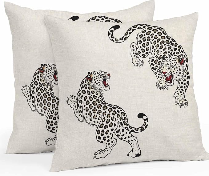 Yukro Beige Leopard Outdoor Waterproof Pillow Covers Pack of 2, Modern Style Wild Animal Rustic Linen Texture Throw Pillowcases Decorative Cushion Covers for Garden Patio Tent Sofa Couch, 20x20 inch