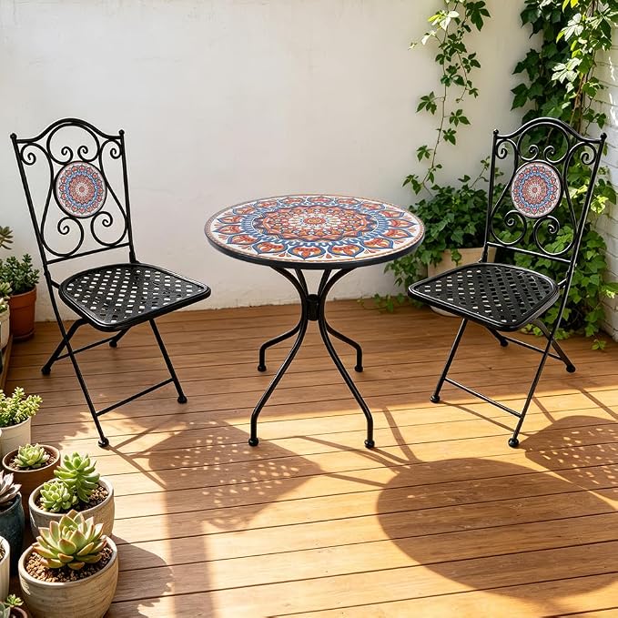 Folding Patio Chairs Set of 2 Mosaic Bistro Chair Outdoor Seating | Garden Patio Furniture Seating Heavy Duty Metal Frame Dining Chairs for Lawn Yard Balcony Porch Backyard Poolside