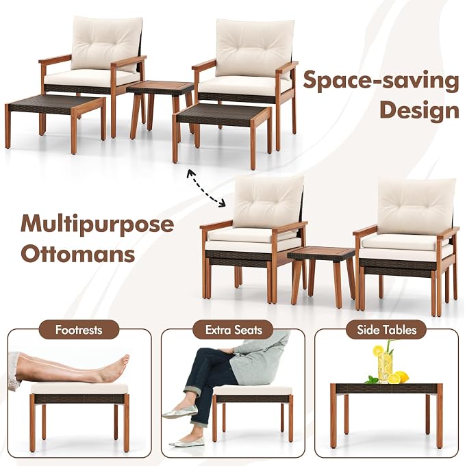HAPPYGRILL 5 Pieces PE Rattan Patio Conversation Set, Wicker Chairs with Square Coffee Table, Ottomans & Soft Cushions, Outdoor Furniture Set with Solid Acacia Wood Frame for Porch, Balcony & Poolside