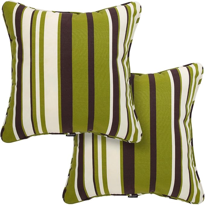 Outdoor Throw Pillow with Insert 18x18 Inch, Set of 2, Piping Edge Waterproof Fade Resistant Decorative Fluffy Pillows for Patio Furniture Chair Bench Couch Sofa - Green Striped