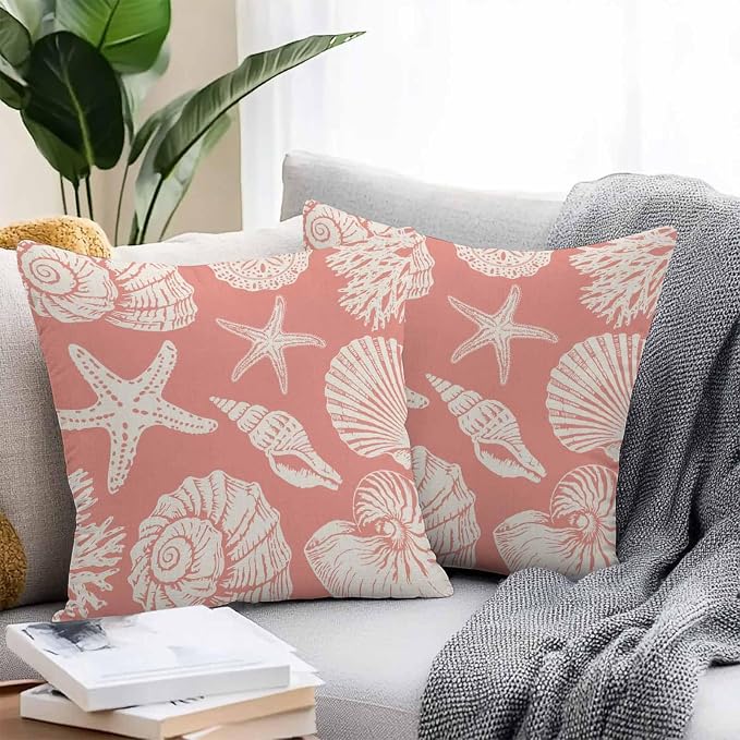 Waterproof Pillow Covers Set of 2 18x18 Inch Ocean Coastal Outdoor Cushion Covers Shells Starfish Conch Coral Red Linen Decorative Pillow Cases for Patio, Sofa, Couch, Garden, Balcony