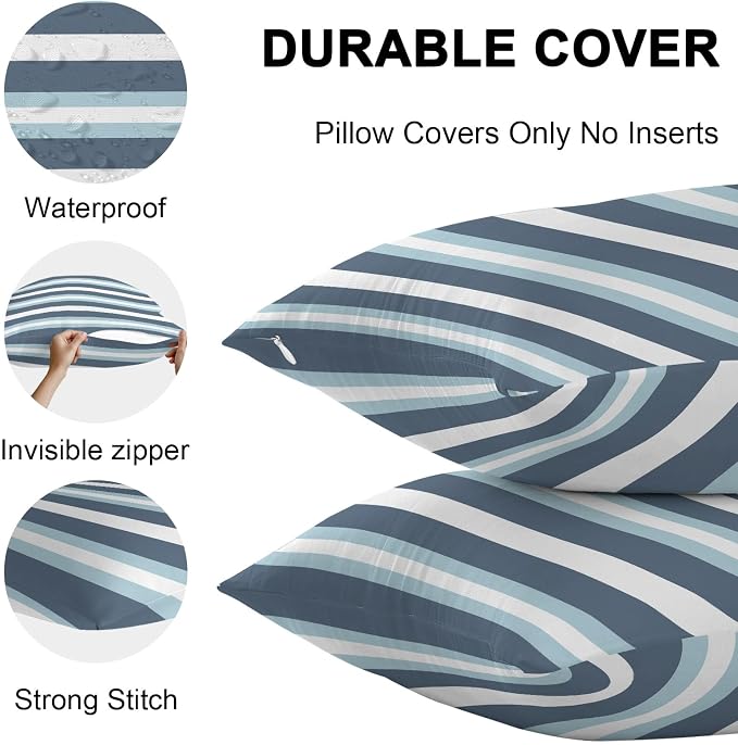 Blue Striped Outdoor Pillow Covers Waterproof, All Weather Cushion Case Set of 2, Modern Gradient Abstract Lines Aesthetic Lumbar Pillowcase for Sofa Couch Bed Decor Patio Furniture 20"x12"