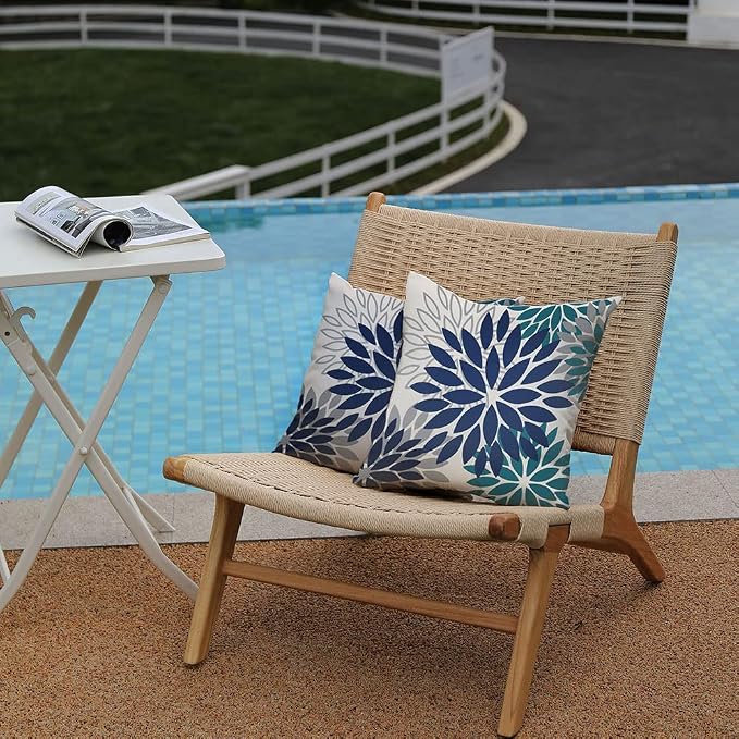 DFXSZ Outdoor Waterproof Pillow Covers 18x18 Set of 2 NavyBlue Green Flower | Spring Summer Waterproof Flower Throw Pillowcases（No Inserts）Outdoor Decor for Patio Funiture Garden Polyester Covers