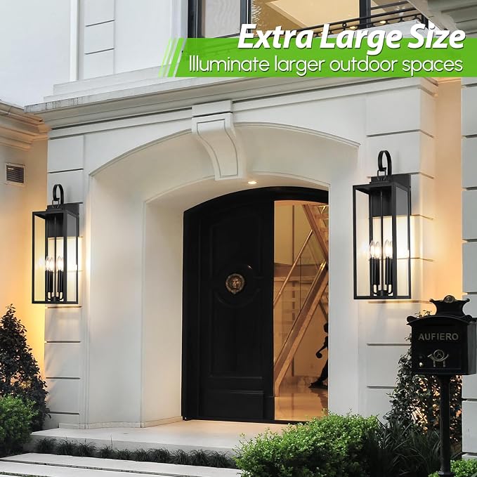 BesLowe 25" Extra Large Outdoor Wall Light, 4-Light Black Exterior Sconce | Waterproof, Rust-Resistant, Durable Metal with Clear Glass, Standard E12 Socket, Easy to Install