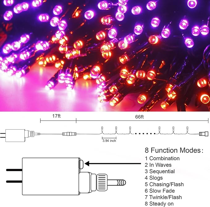 HOME LIGHTING Halloween Lights, 66FT 200 LED Plug in Green Wire String Light, 8 Lighting Modes Waterproof Fairy Mini Lights for Indoor Outdoor Christmas Wedding Party Decorations (Orange & Purple)