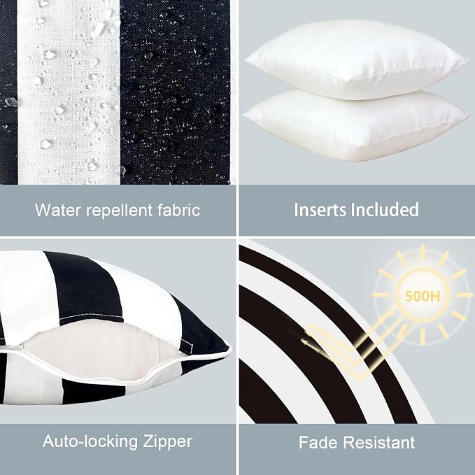 LVTXIII Outdoor Throw Pillows 18x18 Patio Waterproof Square Pillows with Piping Fade Resistant Accent Pillow for Spring Summer Garden Decoration, Set of 2, Cabana Black