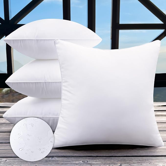 18x18 Outdoor Pillow Inserts Set of 4 Medium Size Waterproof Square White DecorativeThrow Pillow Inserts for Indoor Couch Sofa Beds Cushions Outdoor Patio Furniture Cushions
