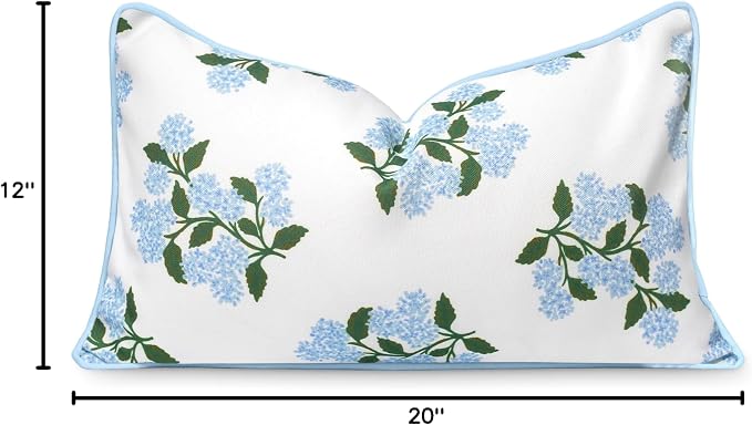 Hofdeco Premium Coastal Patio Indoor Outdoor Lumbar Pillow Cover Only, 12"x20" Water Repellent for Backyard, Couch, Baby Blue Print Hydrangea Flower