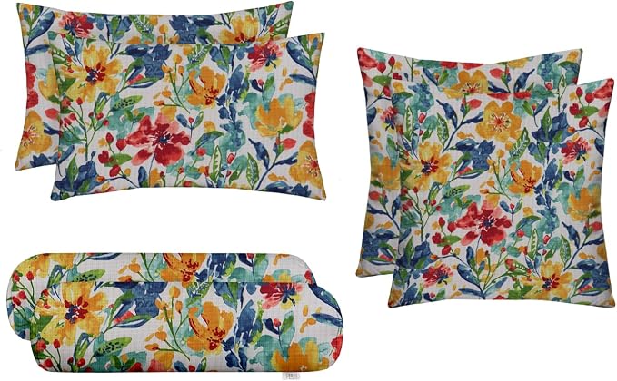 RSH DECOR 6-Pack Pillow Set | All-Weather Spun Fabric | Water & Fade-Resistant | Outdoor Throw Pillows | 20" x 12" Lumbar, 17" Square, & 20" x 6" Neck Roll | Made in USA (Oakmont Hightown Festival)