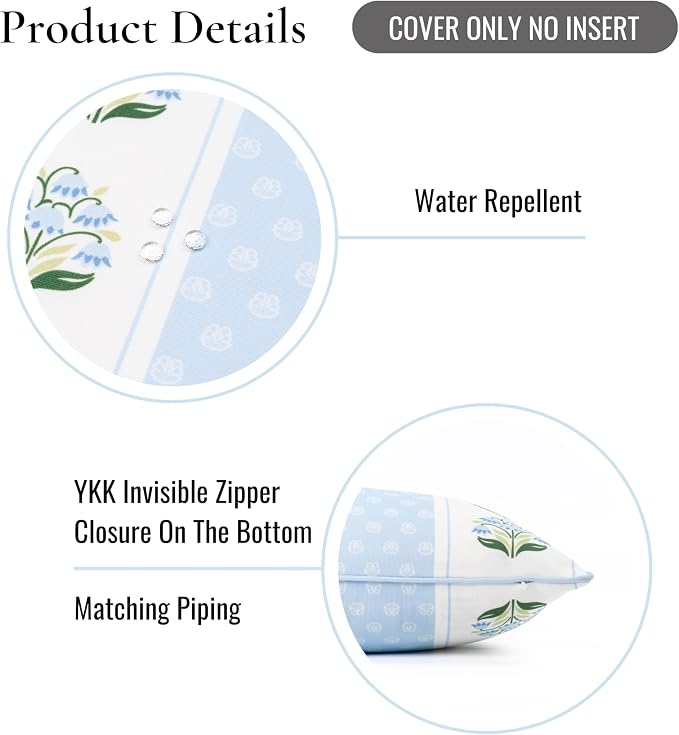 Hofdeco Premium Grandmillennial Coastal Hampton Patio Indoor Outdoor Lumbar Pillow Cover Only, 12"x20" Water Repellent for Backyard, Couch, Poolside, Blue Green Block Print Striped Lily of the Valley