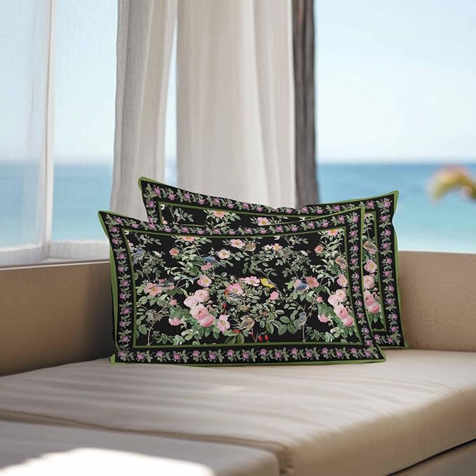 Vandarllin Outdoor Throw Pillows Covers 20x12 inch Set of 2 Waterproof Pink Floral Bird Decorative Zippered Cushion Covers for Patio Furniture, Green Leaves Branches Black Lumbar Pillowcases