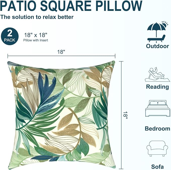DYTXIII Pack of 2 Waterproof Outdoor Pillow with Inserts, 18x18 Square Patio Decorative Throw Pillow for Home,Sofa,Bench and Patio Furniture,Lush Leaf Green