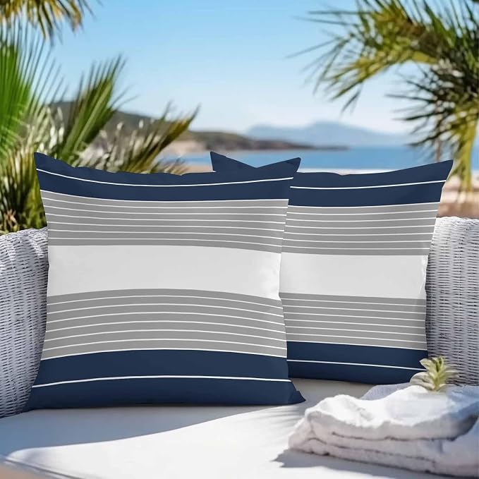 Navy Blue Grey Stripe Outdoor Pillow Covers Waterproof, All Weather Cushion Case Set of 2, Modern Art Horizontal Striped Decorative Pillowcases for Sofa Couch Bed Decor Patio Furniture 18"x18"