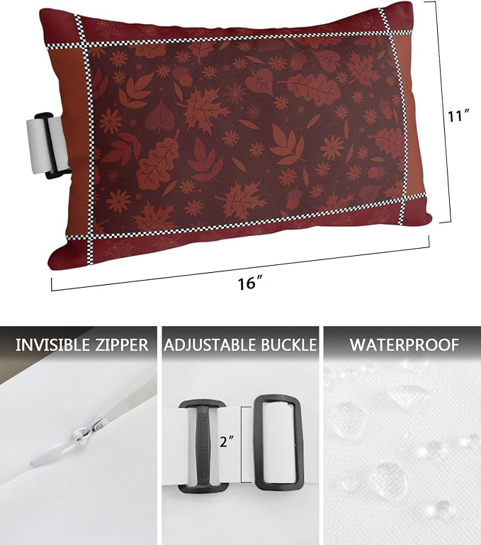 Outdoor Pillows Covers with Inserts Thanksgiving Maple Leaves Retro Red Waterproof Recliner Pillow with Adjustable Strap Throw Pillows for Patio Furniture Pool Lounge Chair, 11x16 inch, 1PCS