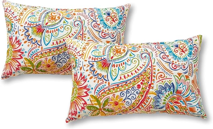Set of 2 Outdoor Throw Pillows 19 x 12 Inch – Reversible Rectangle Patio Accent Pillows – Weather-Resistant Polyester Fabric – Eco-Friendly Recycled Polyfiber Fill – Jamboree Paisley