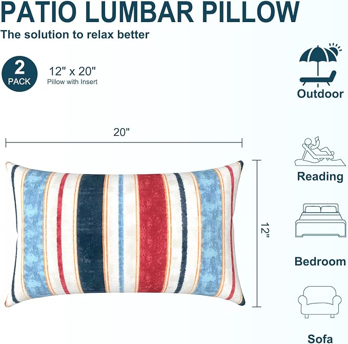 DYTXIII Pack of 2 Waterproof Outdoor Lumbar Pillow with Inserts, 12x20 in Rectangle Decorative Patio Throw Pillow for Home, Sofa,Bench and Patio Furniture, Stripe Red Blue