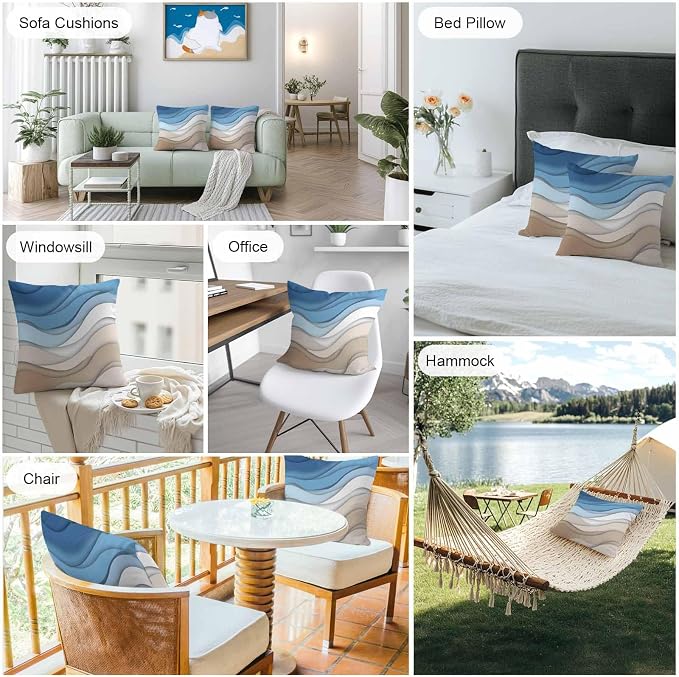 Modern Outdoor Pillow Covers Set of 2,Geometric Line Wave Striped Decorative Waterproof Throw Pillow Case,Minimalist Blue Brown Ombre Gradient Cushion Pillowcases for Couch Garden Patio,18x18In
