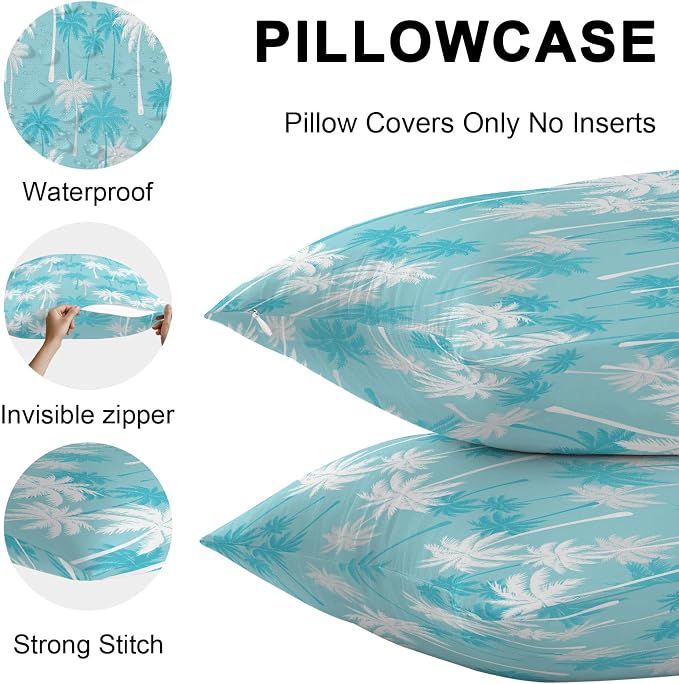 Throw Pillow Covers 16x16 Inch Set of 2, Tropical Palm Tree Waterproof Outdoor Pillow Covers, Blue Cyan Plants Coastal Leaf Beach Decorative Cushion Pillowcases for Couch, Sofa, Bed, Garden, Patio