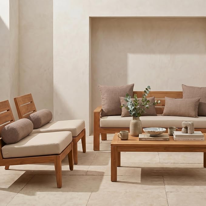 RSH DECOR: 6-Pack Pillow Set | Sunbrella Performance Fabric |Water & Fade-Resistant| 17" Square, 20"x12" Lumbar, 20"x6" Neck Roll | Outdoor Pillows for Patio Furniture | Made in USA (Rochelle Truffle)