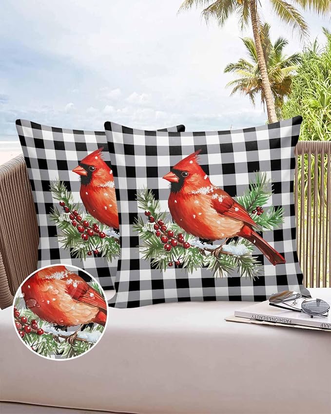 Vandarllin Christmas Outdoor Throw Pillows Covers 24X24 Set of 2 Waterproof Red Cardinals Decorative Zippered Lumbar Cushion Covers for Patio Furniture, White Black Buffalo Check Plaid