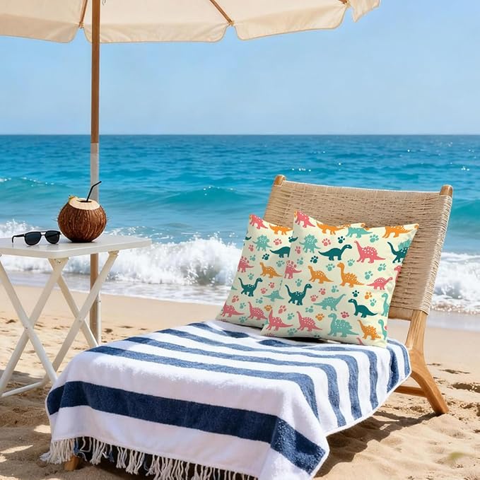 18x18 Inch Outdoor Pillow Covers Set of 2 Waterproof Throw Pillow Covers Decorative Couch Cushion Covers Colorful Dinosaurs Footprint Square Pillowcases Protectors for Patio Garden Sofa