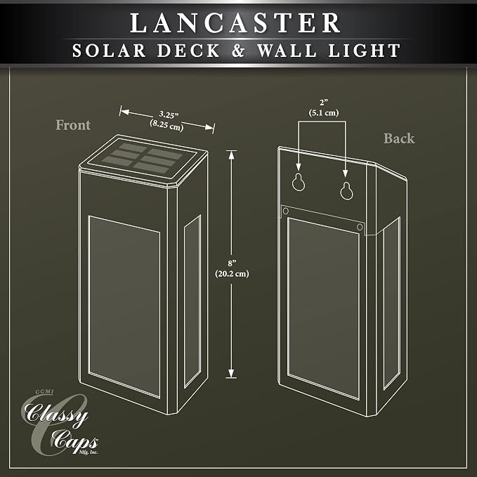 Classy Caps SWL888 - Black Aluminum Lancaster Deck & Wall Light (2 Pack) – Outdoor Solar LED Lighting, Durable Black Aluminum, Real Glass Construction, Perfect for Outdoor Decks, Patios, and Walls.