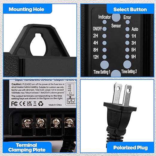 100W Outdoor Low Voltage Transformer with Timer and Photocell Sensor,120V AC to 12V DC Weatherproof for LED Landscape Lighting,Deck Lights,Spotlight, Pathway Light,ETL Listed