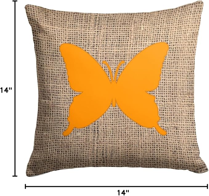 Caroline's Treasures BB1046-BL-OR-PW1414 Butterfly Burlap and Orange BB1046 Fabric Decorative Pillow Machine Washable, Indoor Outdoor Decorative Pillow for Couch, Bed or Patio, 14Hx14W