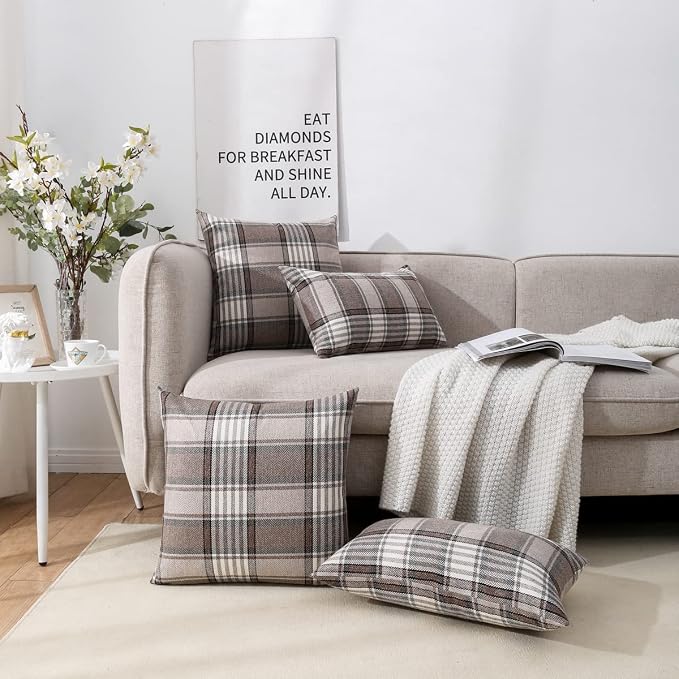 Brown Plaid Farmhouse Decorative Lumbar Pillow Covers 12x20 for Couch Sofa | Set of 2, Fall Winter Lumbar Pillow Covers 12 x 20, Cottage Core Decor, Vintage Rustic, 12x20 Accent Pillow Covers Only