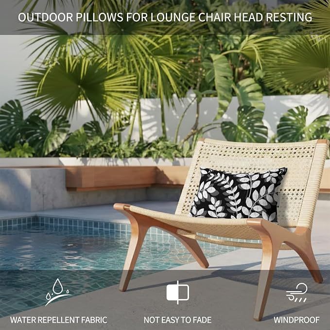 Chaise Lounge Headrest Pillow 2 Pack, Black Leaves Waterproof Chair Pillows with Insert & Adjustable Elastic Strap for Beach Recliner, Farmhouse Botanical Leaf Branch Vintage Modern Outdoor Pillow