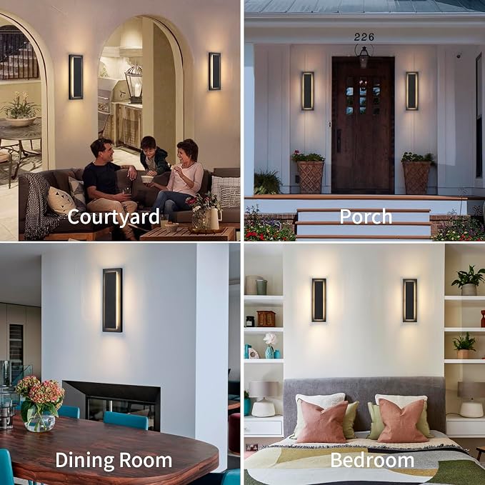 15.7 in Outdoor Wall Sconce Light,Modern Exterior Lights Fixture | Black Outdoor Porch Lights for House,Patio,Front Door,Outdoor Wall Lighting,IP65 Waterproof,3000K Warm White, 12 W,2 Packs